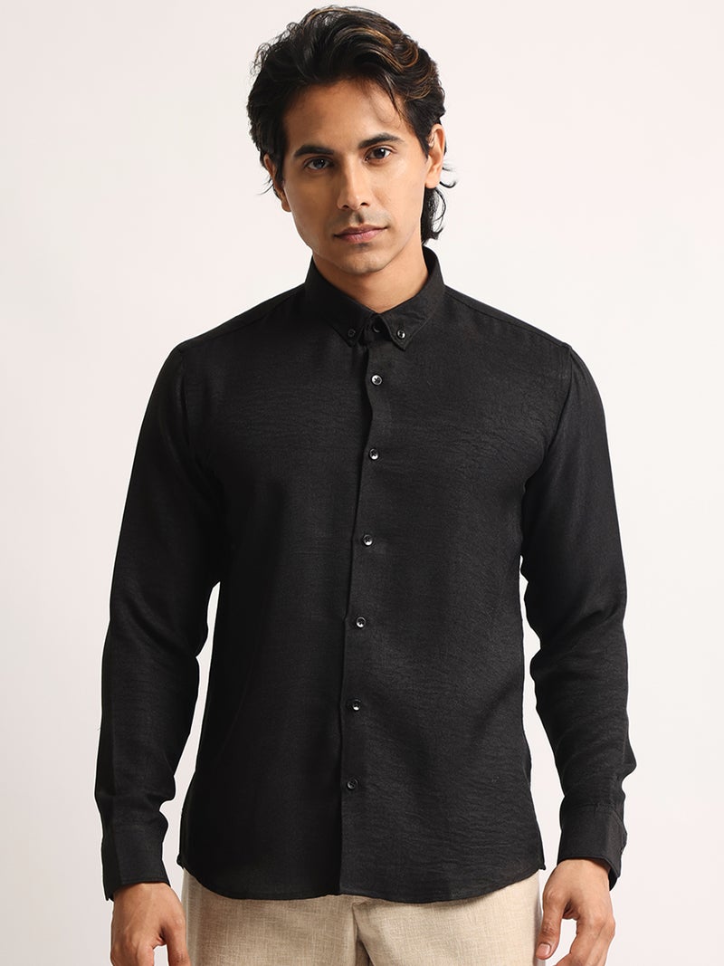 Maniac Mens Solid collared Neck Full Sleeve Super Twill Fabric Black Shirt - Image 4